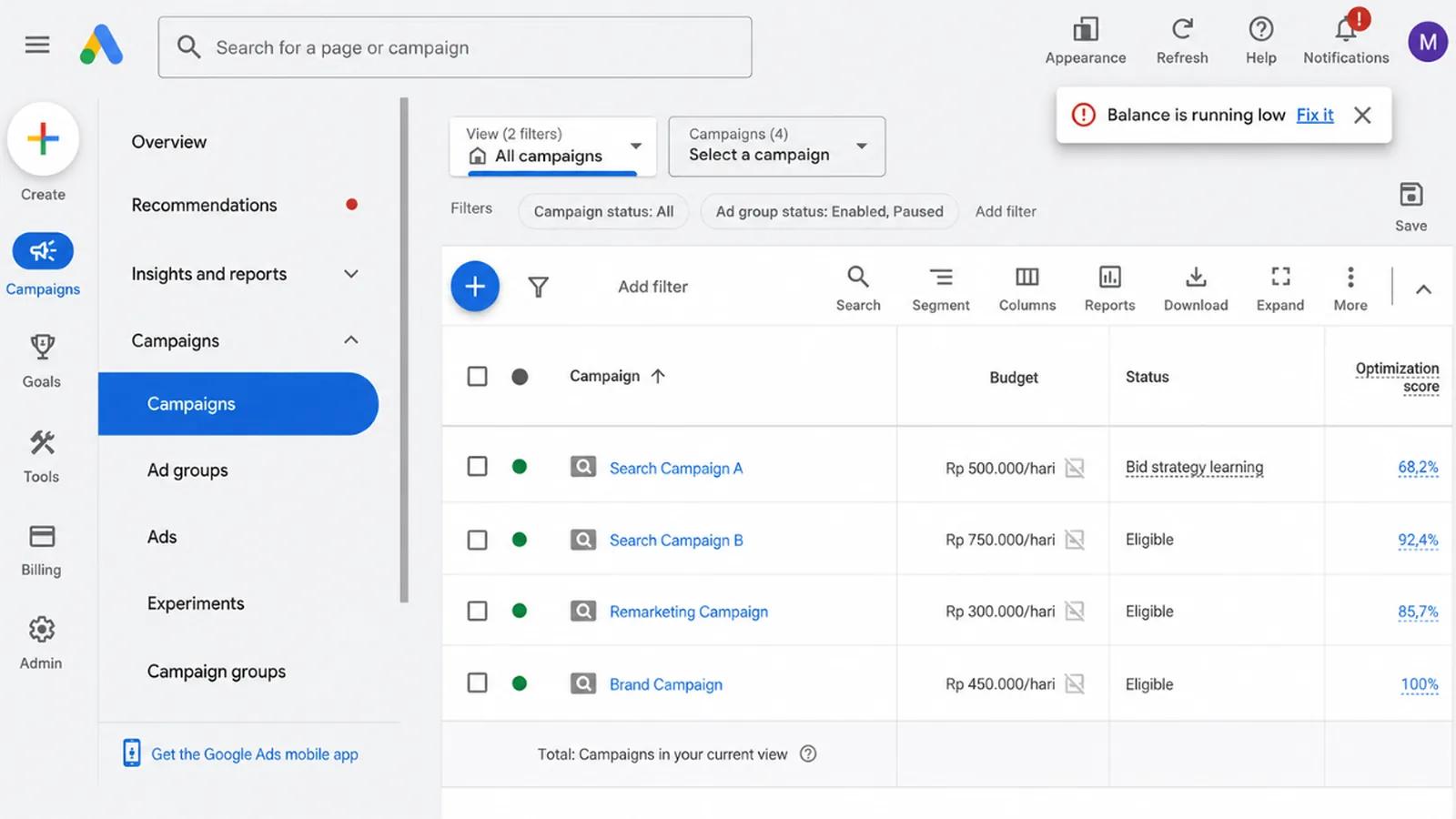 Tampilan umum daftar campaign Google Ads yang telah digeneralisasi