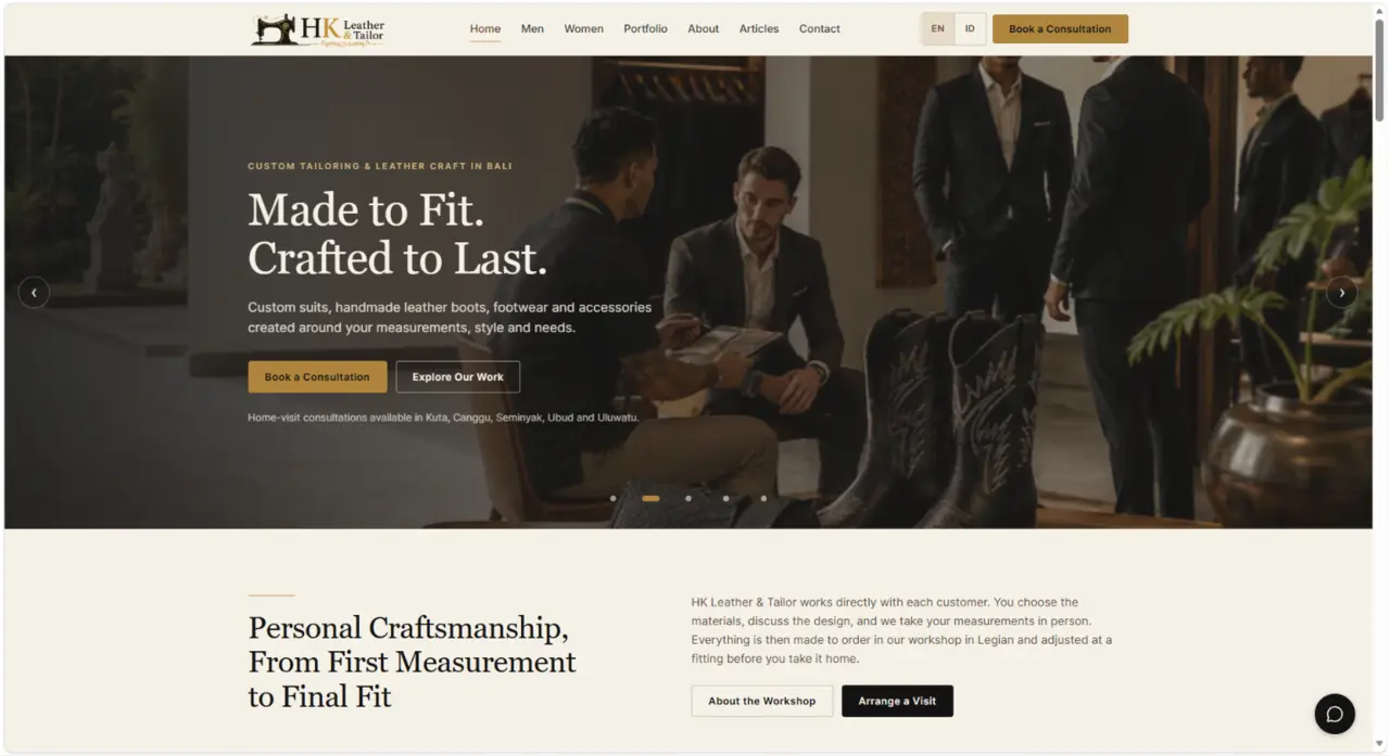 Website HK Leather and Tailor Bali versi desktop
