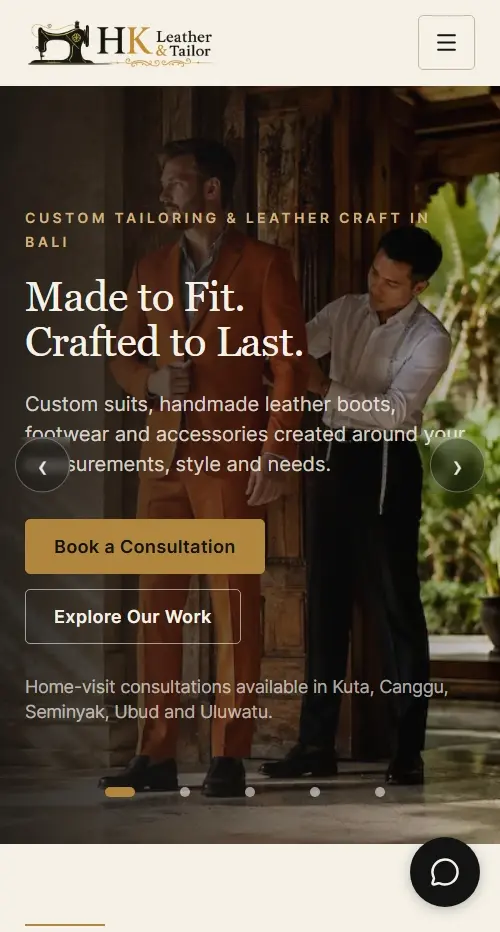 Tampilan mobile HK Leather and Tailor Bali